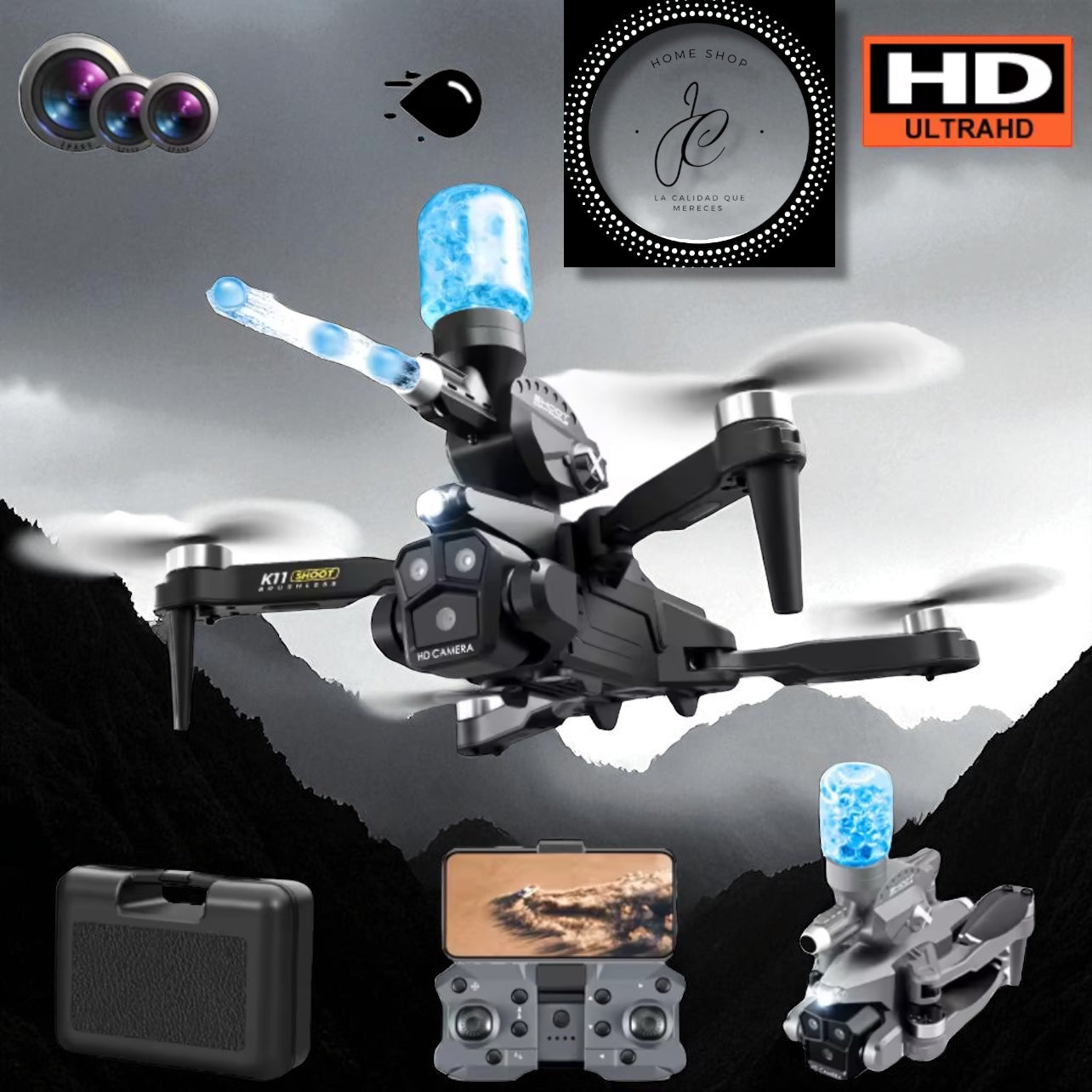 DRON K11 CON CÁMARA HD + LANZADOR DE ESFERAS DE GEL