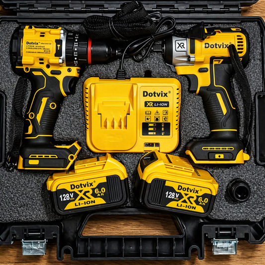 KIT DE TALADRO Y ATORNILLADOR INALÁMBRICO DOTVIX, 2 BATERÍAS DE 128 V
