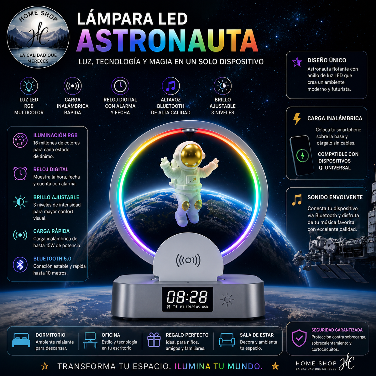 LAMPARA CON ASTRONAUTA COLGANDO BOCINA BLUETOOTH