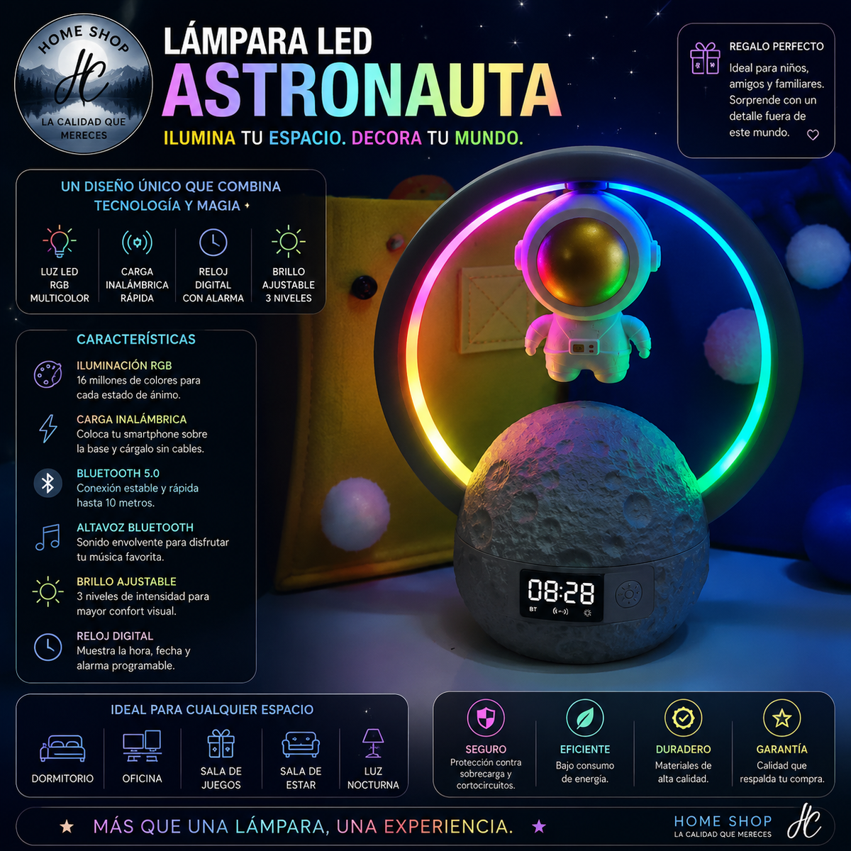 LAMPARA CON ASTRONAUTA FLOTANTE EN LA PIEDRA BOCINA BLUETOOTH