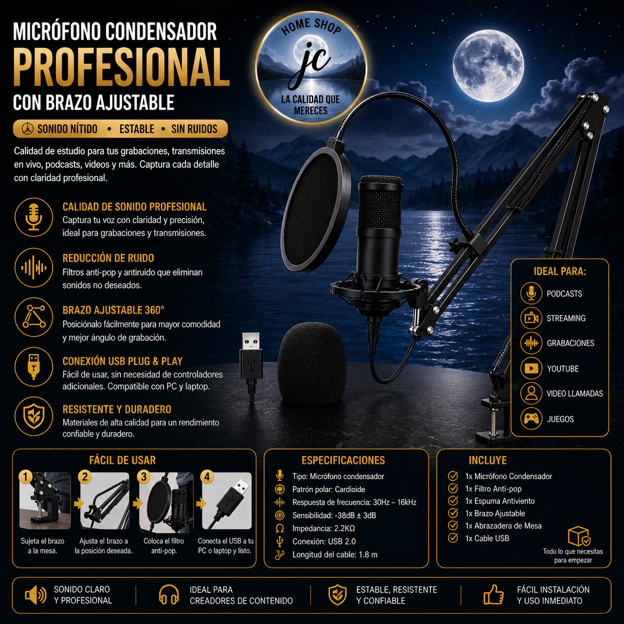 MICROFONO ESTUDIO PROFESIONAL TIPO USB INCLUYE BRAZO Y CONDENSADOR