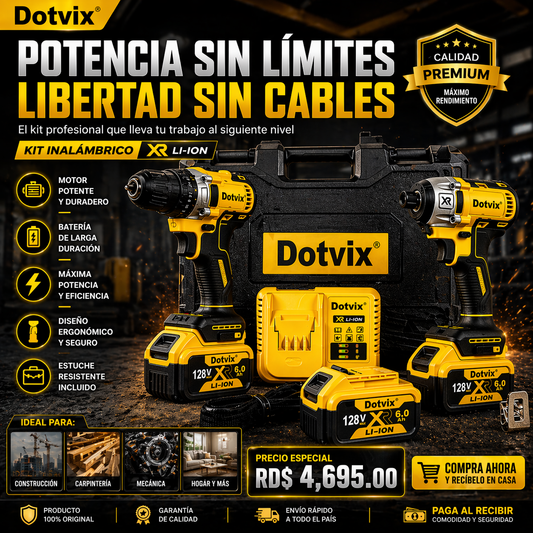 KIT DE TALADRO Y ATORNILLADOR INALÁMBRICO DOTVIX, 2 BATERÍAS DE 128 V