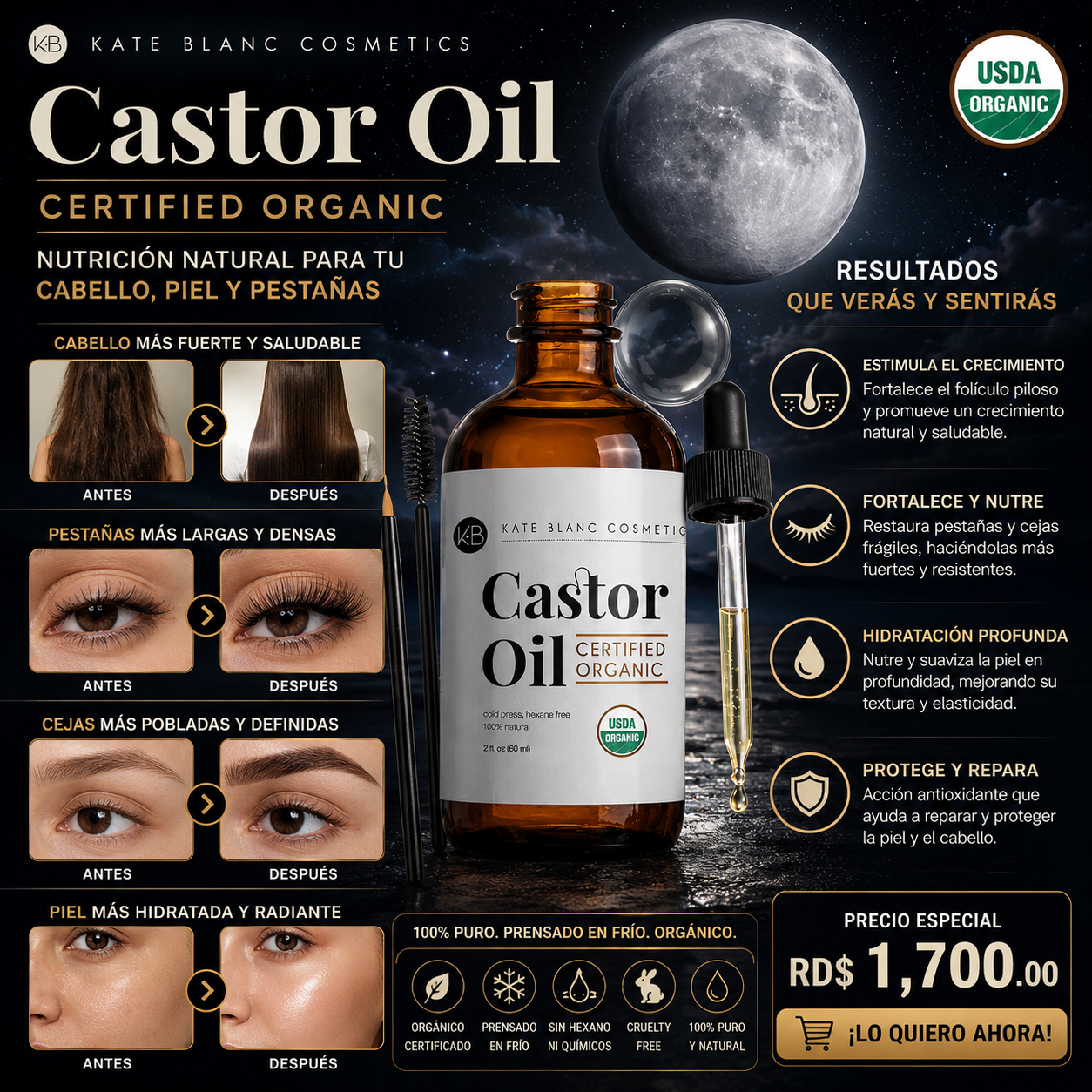ACEITE DE RICINO / CASTOR OIL ORGÁNICO PREMIUM – 100% PURO, PRENSADO EN FRÍO PARA CABELLO, PESTAÑAS, CEJAS Y PIEL