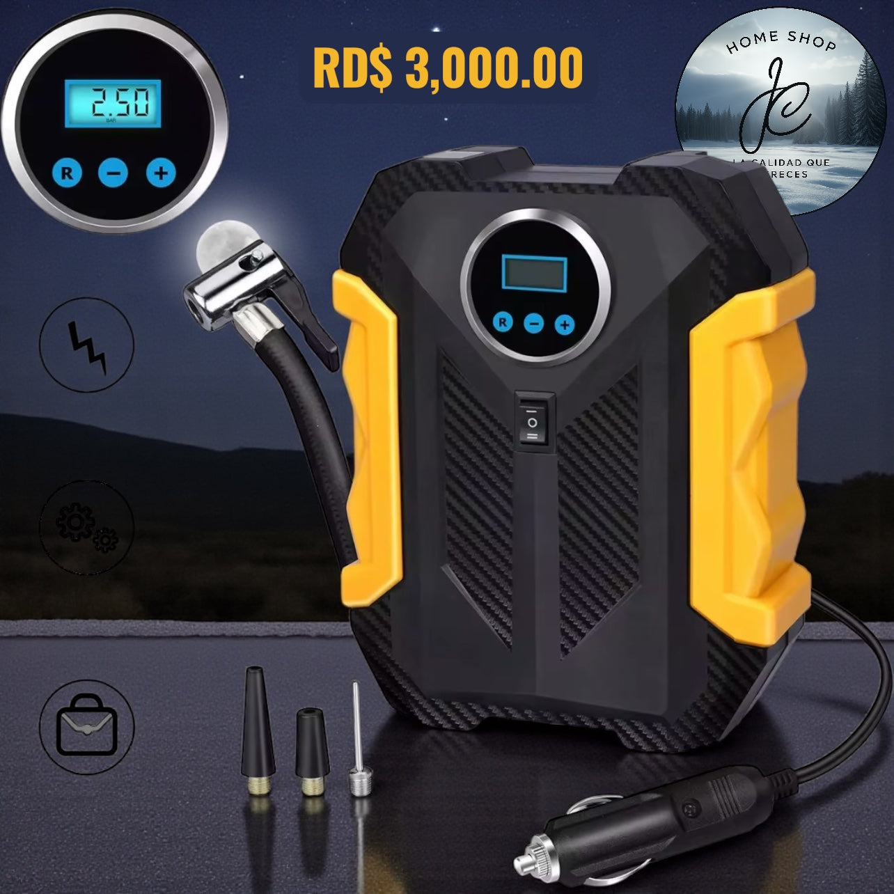 COMPRESOR DE AIRE DIGITAL PARA COCHE AUTO BOMBA INFLADORA PORTÁTIL