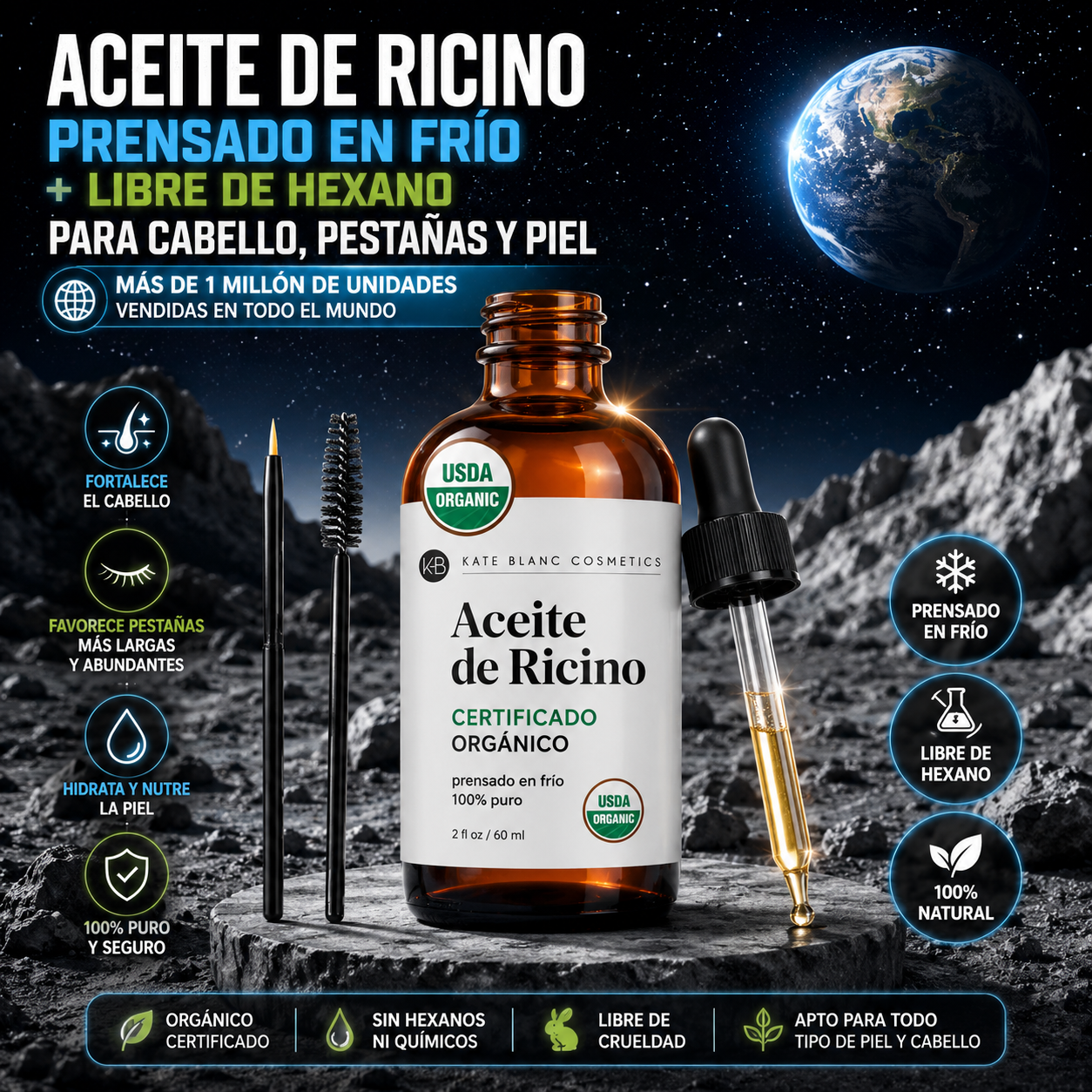 ACEITE DE RICINO / CASTOR OIL ORGÁNICO PREMIUM – 100% PURO, PRENSADO EN FRÍO PARA CABELLO, PESTAÑAS, CEJAS Y PIEL