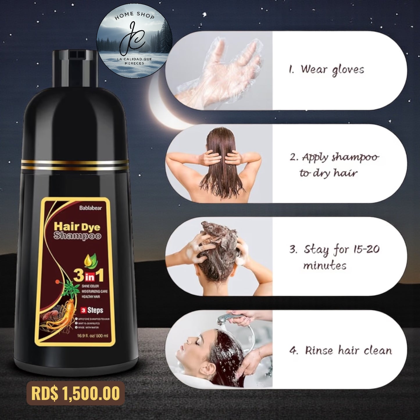 CHAMPÚ INSTANTÁNEO DE 16.9 FL OZ, TINTE RÁPIDO PARA EL CABELLO, SHAMPOO MARRÓN.