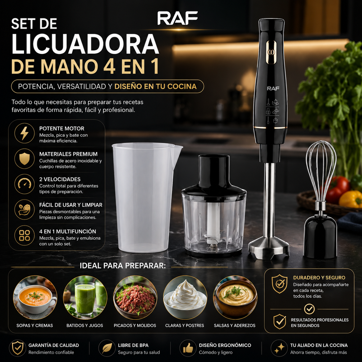JUEGO DE BATIDORA DE MANO MULTIUSOS Y DE VELOCIDAD AJUSTABLE 4 EN 1
