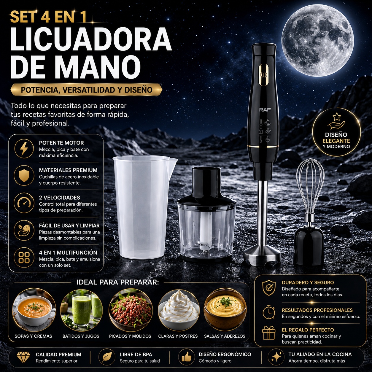 JUEGO DE BATIDORA DE MANO MULTIUSOS Y DE VELOCIDAD AJUSTABLE 4 EN 1