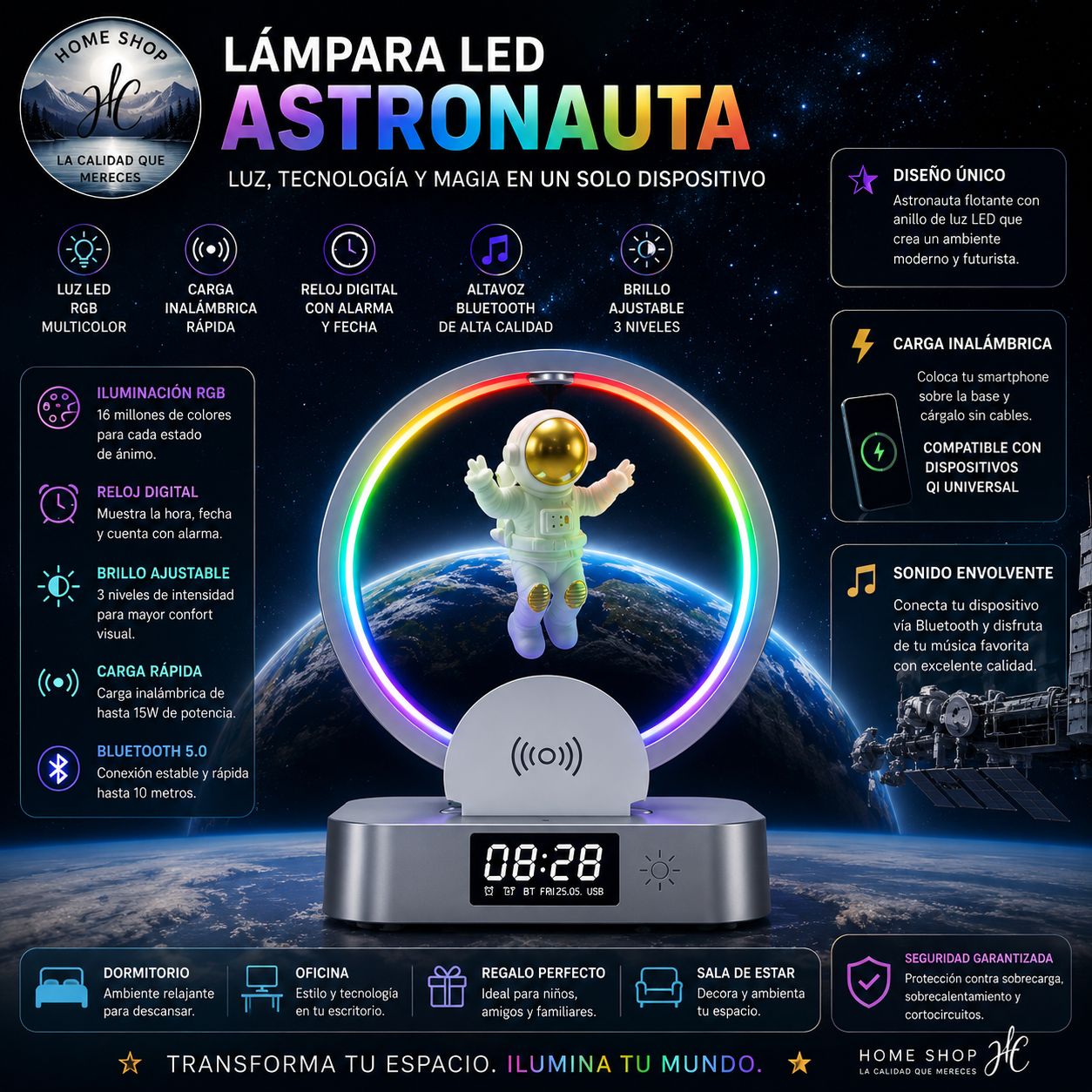 LAMPARA CON ASTRONAUTA COLGANDO BOCINA BLUETOOTH