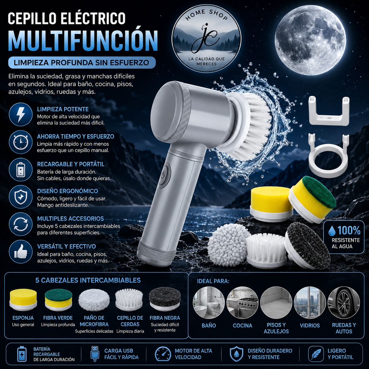 LIMPIADOR ELÉCTRICO ROTATIVO - LIMPIADOR ELÉCTRICO INALÁMBRICO CON 5 CABEZALES DE CEPILLO DE LIMPIEZA