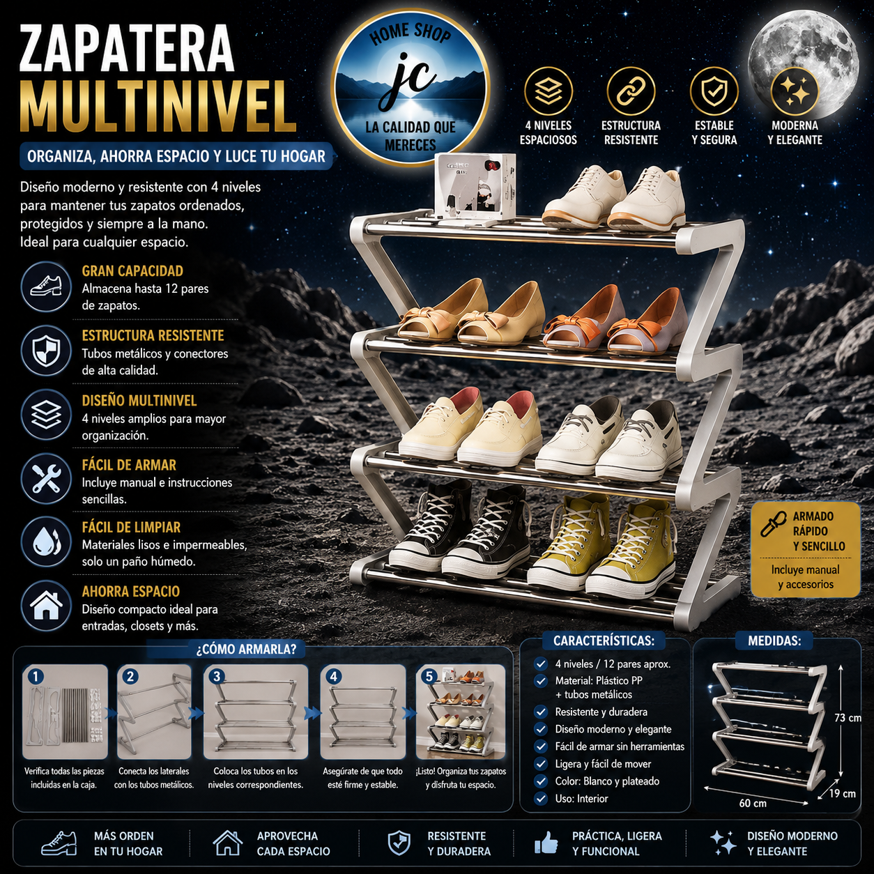 ORGANIZADOR DE ZAPATOS DE PISO 4 NIVELES ZAPATERA