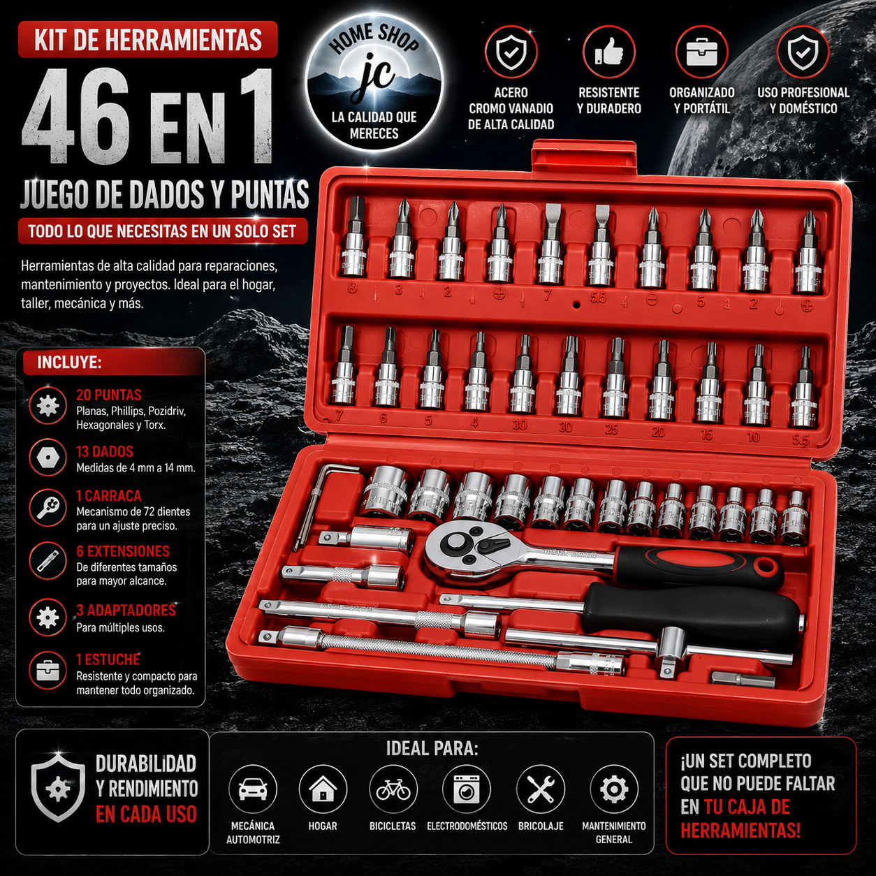 SET DE HERRAMIENTAS 46 LLAVE DE 1/4