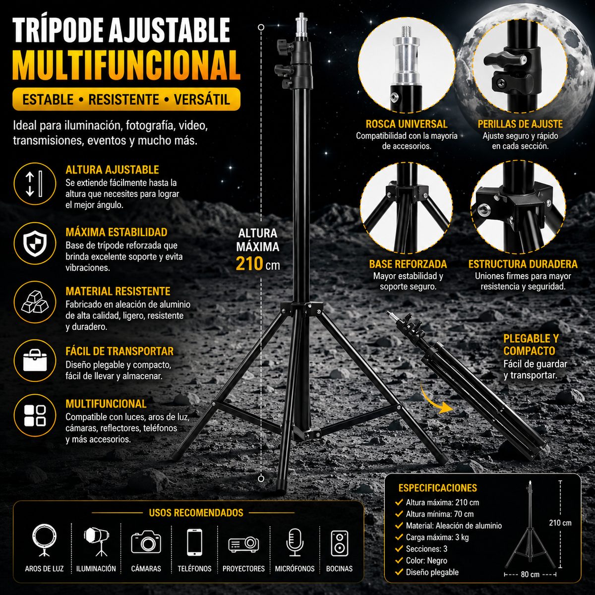 TRÍPODE PROFESIONAL AJUSTABLE DE ESTUDIO 2 METROS DE ALTA RESISTENCIA TRIPOD ALUMINIO