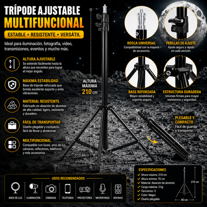 TRÍPODE PROFESIONAL AJUSTABLE DE ESTUDIO 2 METROS DE ALTA RESISTENCIA TRIPOD ALUMINIO