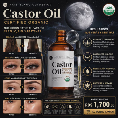 ACEITE DE RICINO / CASTOR OIL ORGÁNICO PREMIUM – 100% PURO, PRENSADO EN FRÍO PARA CABELLO, PESTAÑAS, CEJAS Y PIEL