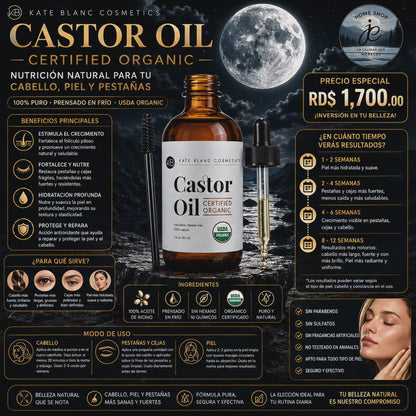 ACEITE DE RICINO / CASTOR OIL ORGÁNICO PREMIUM – 100% PURO, PRENSADO EN FRÍO PARA CABELLO, PESTAÑAS, CEJAS Y PIEL
